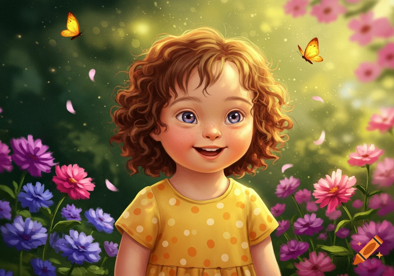 A smiling cartoon child with curly brown hair and a yellow polka-dot dress stands among colorful flowers and butterflies in a bright, ethereal garden.
