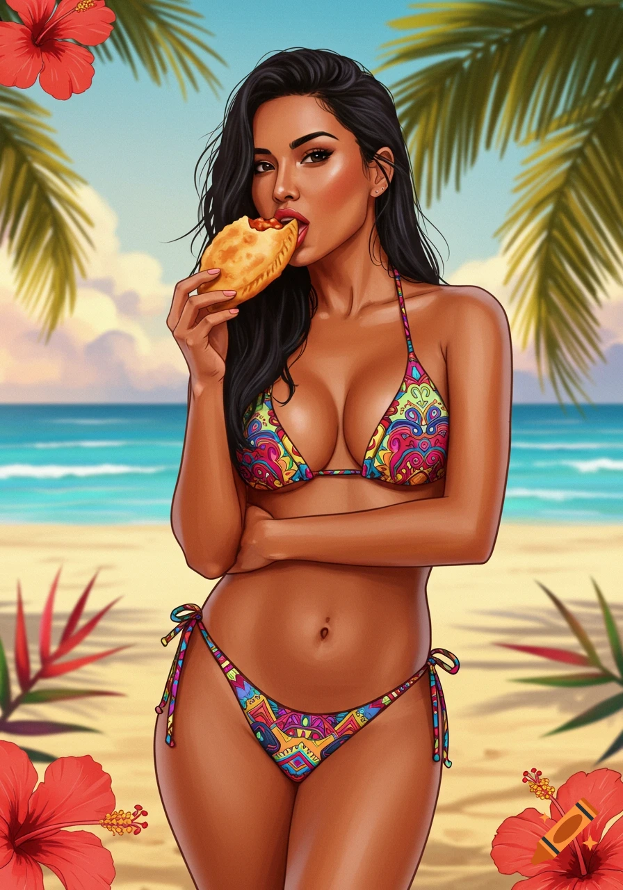 An illustration of a woman in a colorful bikini eating an empanada on a sunny beach.