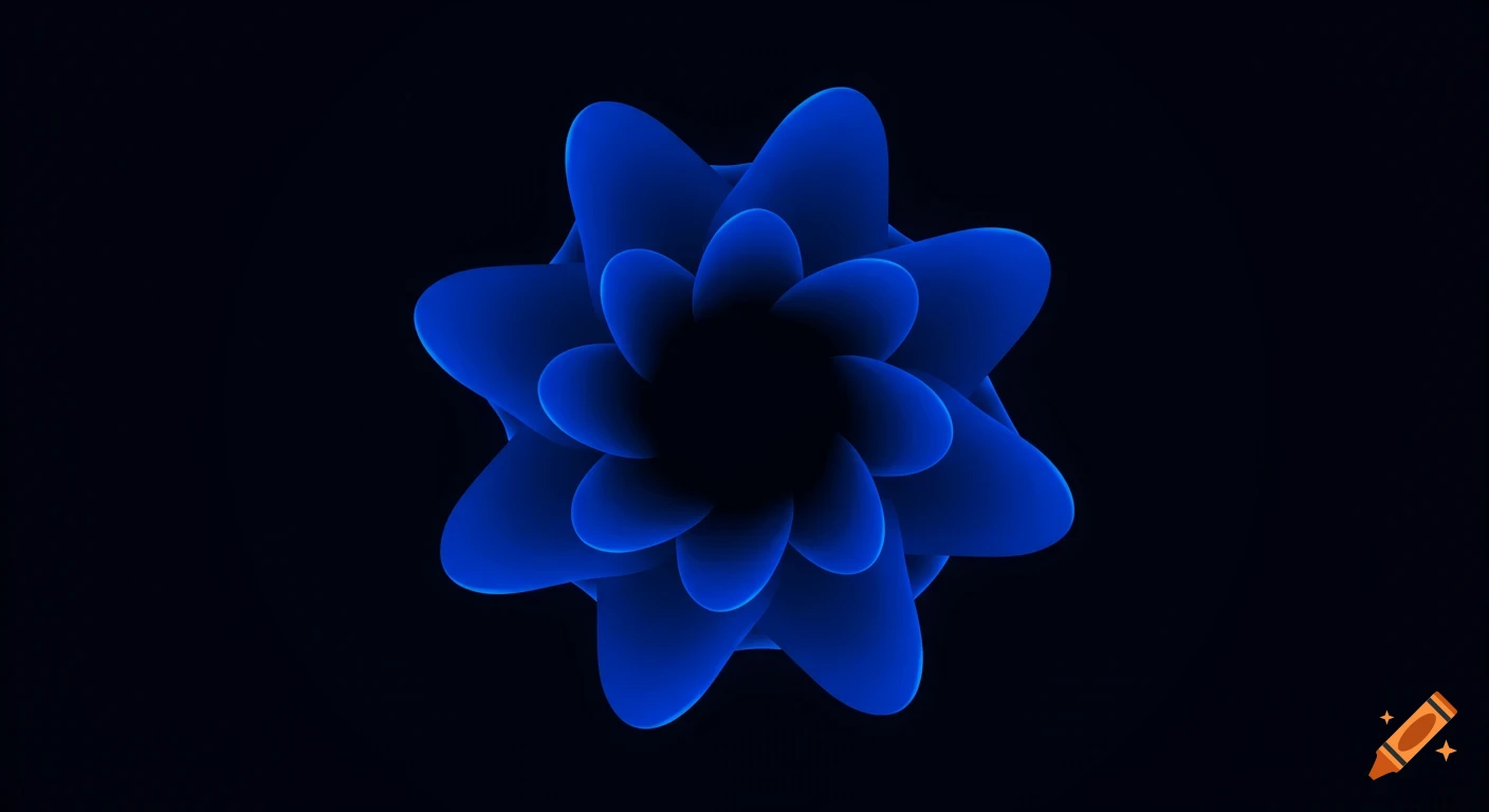 Vibrant blue abstract radial shape with layered, rounded forms on a dark black background.