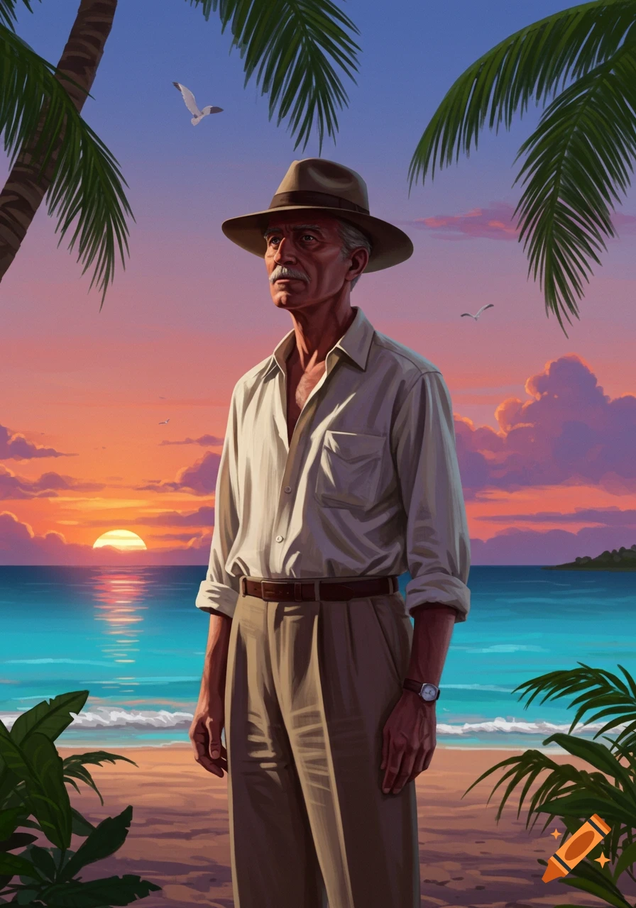 An illustrated portrait of an older man in a fedora standing on a tropical beach at sunset.