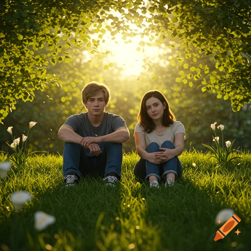 Photorealistic image of a teen boy and girl sitting side by side in lush green grass under sun-dappled trees during golden hour.