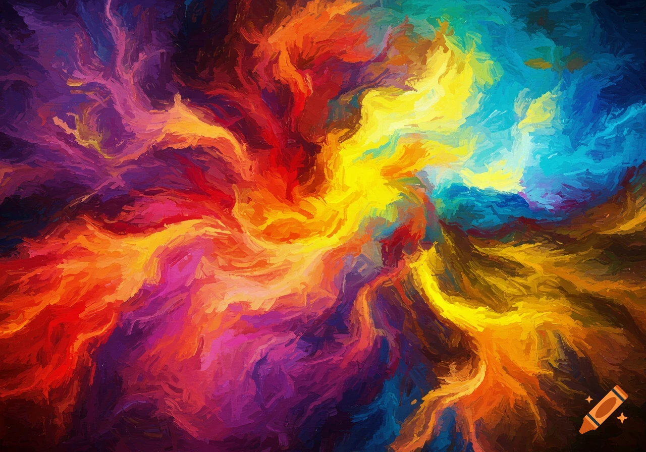 A vibrant abstract painting with swirling brushstrokes in reds, oranges, yellows, purples, and blues.