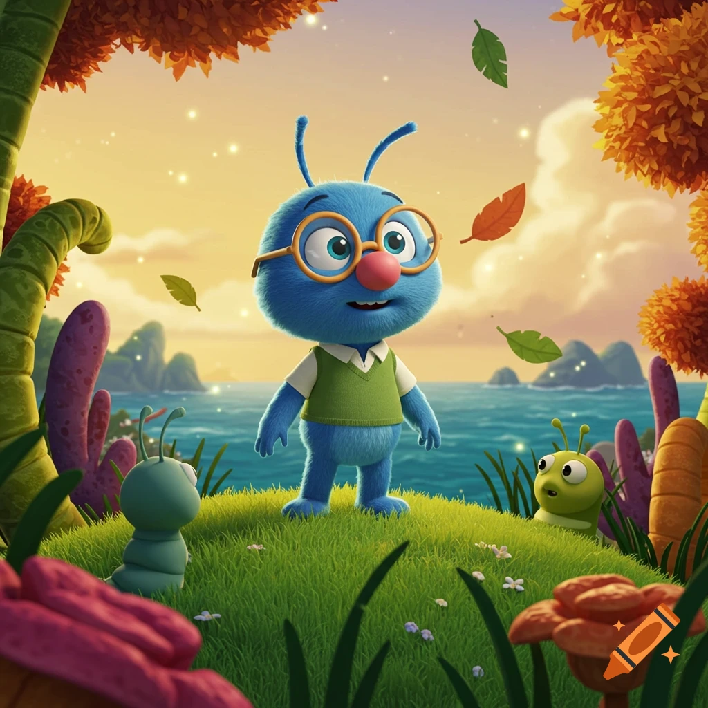 A cartoon blue fuzzy bug with glasses and a green vest stands on a grassy hill by the ocean, with smaller bugs and autumn leaves.