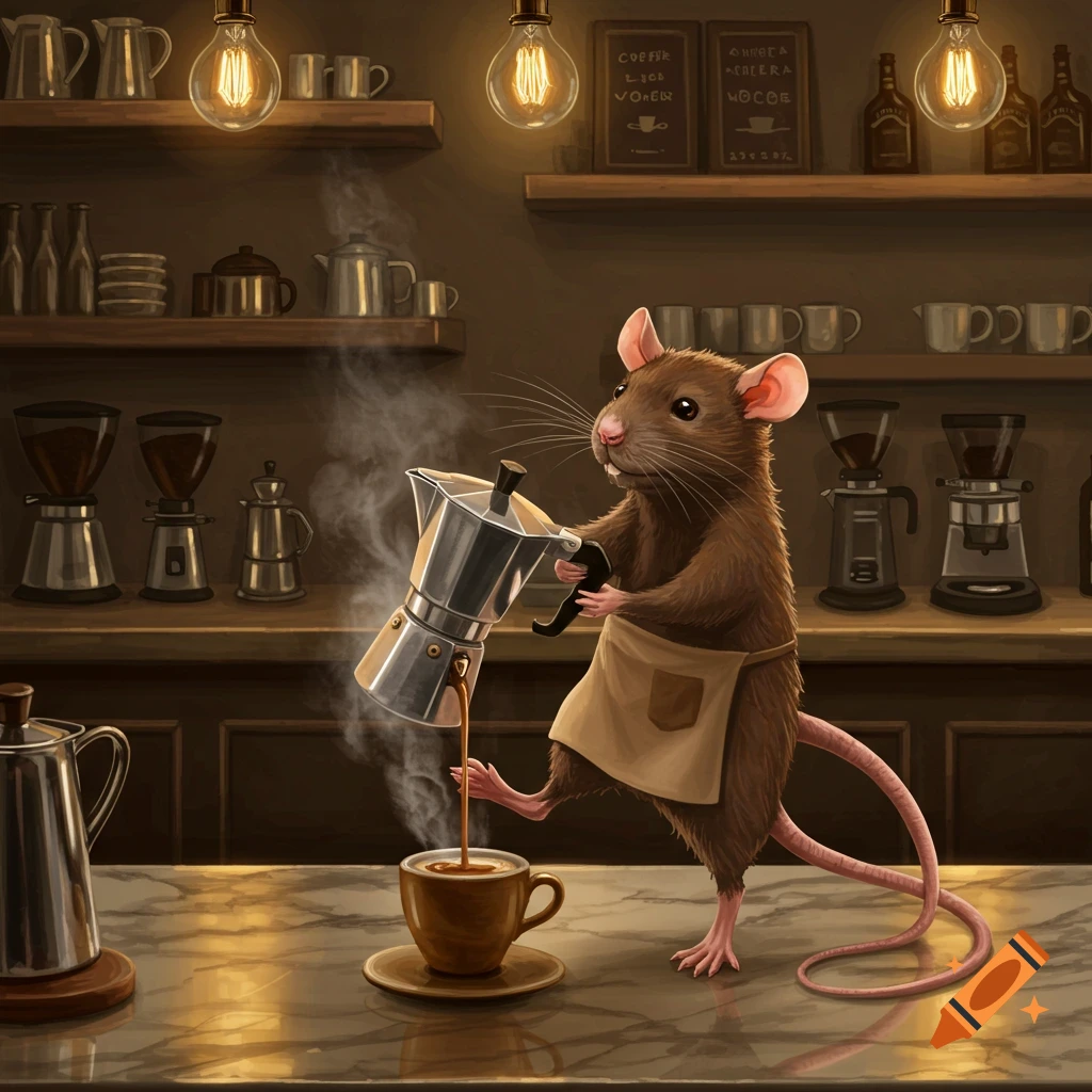 A cartoon-style rat barista wearing an apron, meticulously pouring coffee from a moka pot into a cup on a marble counter in a warmly lit coffee shop.