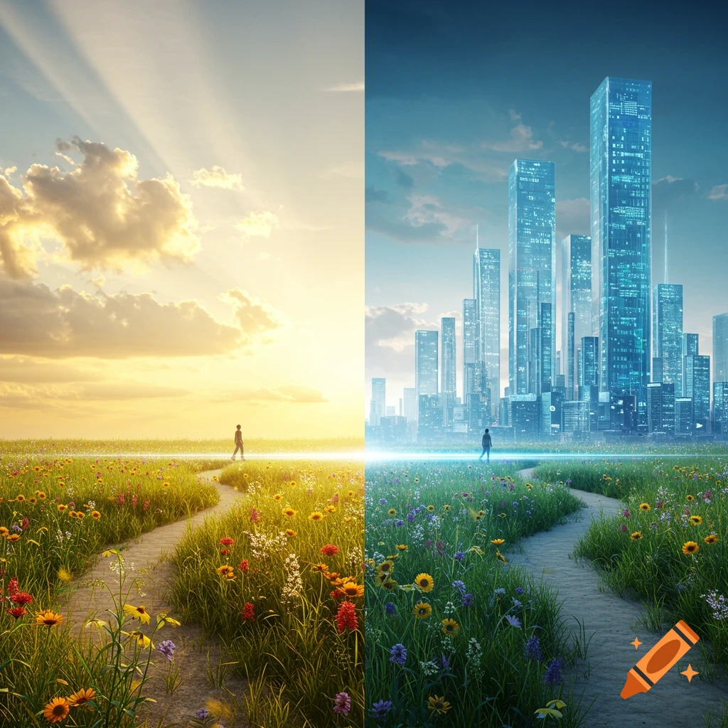 A split image shows a sunny field on one side and a futuristic cityscape on the other, both with winding paths and figures.