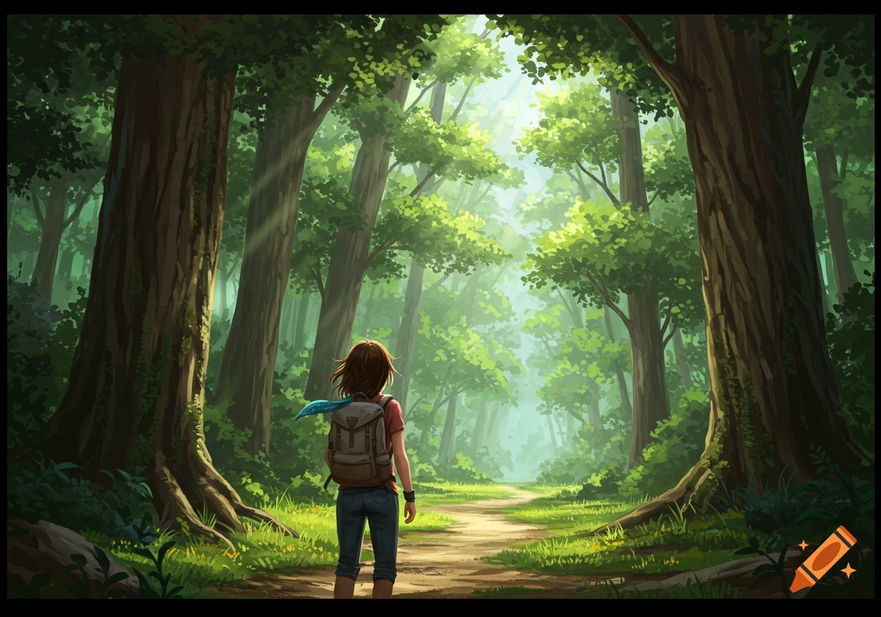 A young woman with a backpack stands on a dirt path, looking into a vibrant, sun-dappled forest in a digital painting style.