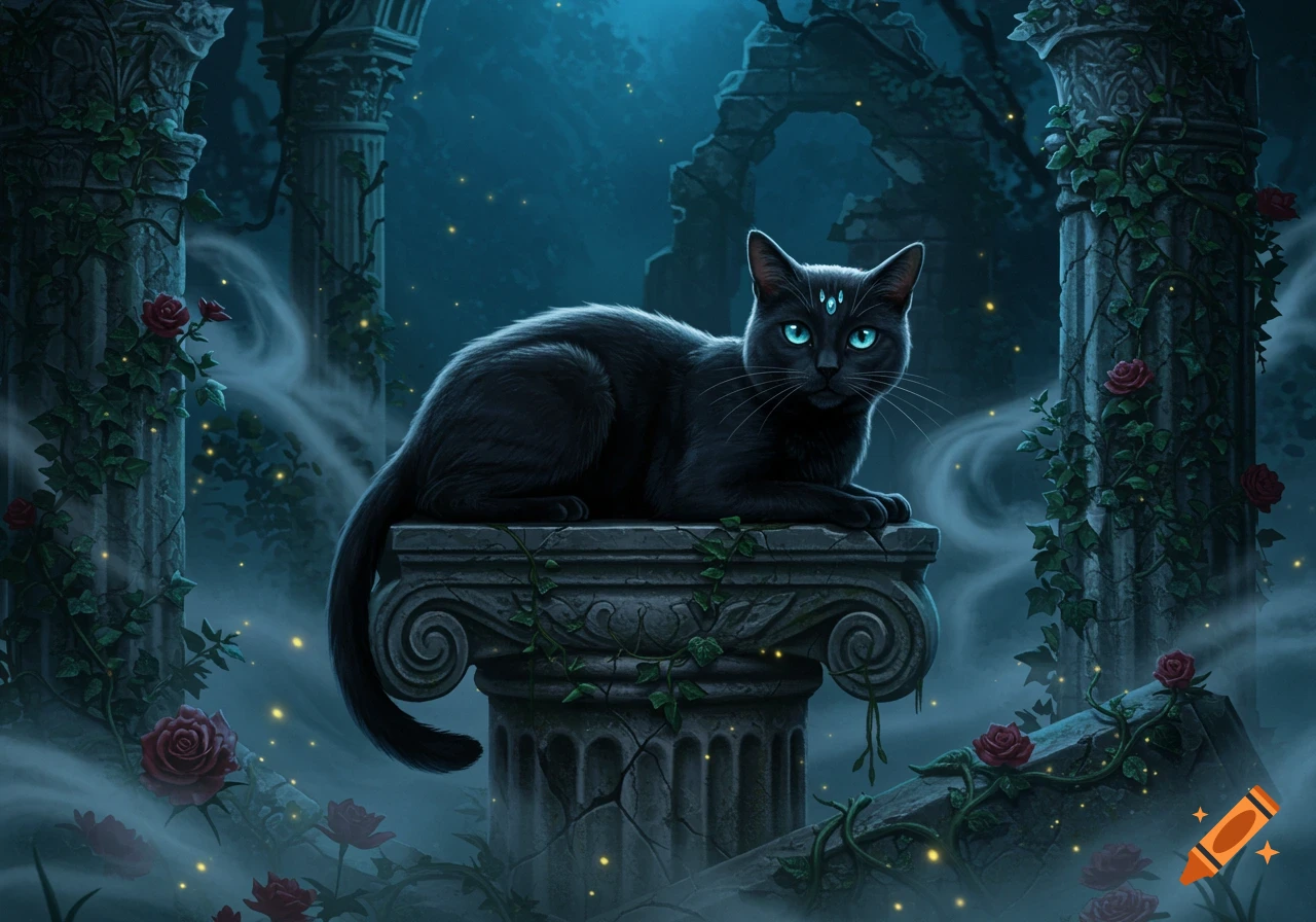 A mystical black cat with glowing blue eyes and a third eye gem lies on a mossy ancient pillar in moonlit ruins surrounded by red roses and fog.