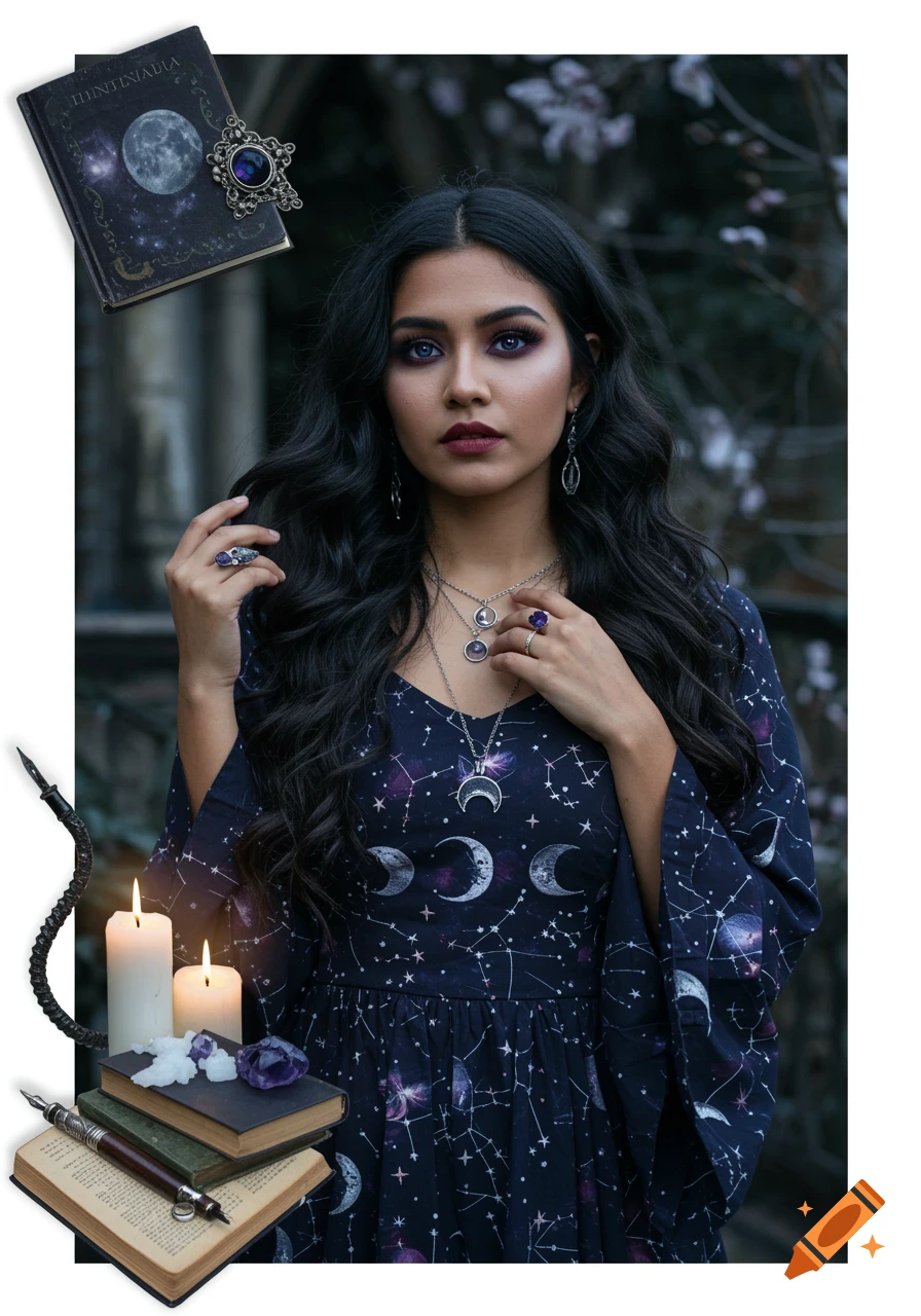 A young woman with dark hair and violet eyes in a celestial-patterned dress, surrounded by books, candles, and crystals.