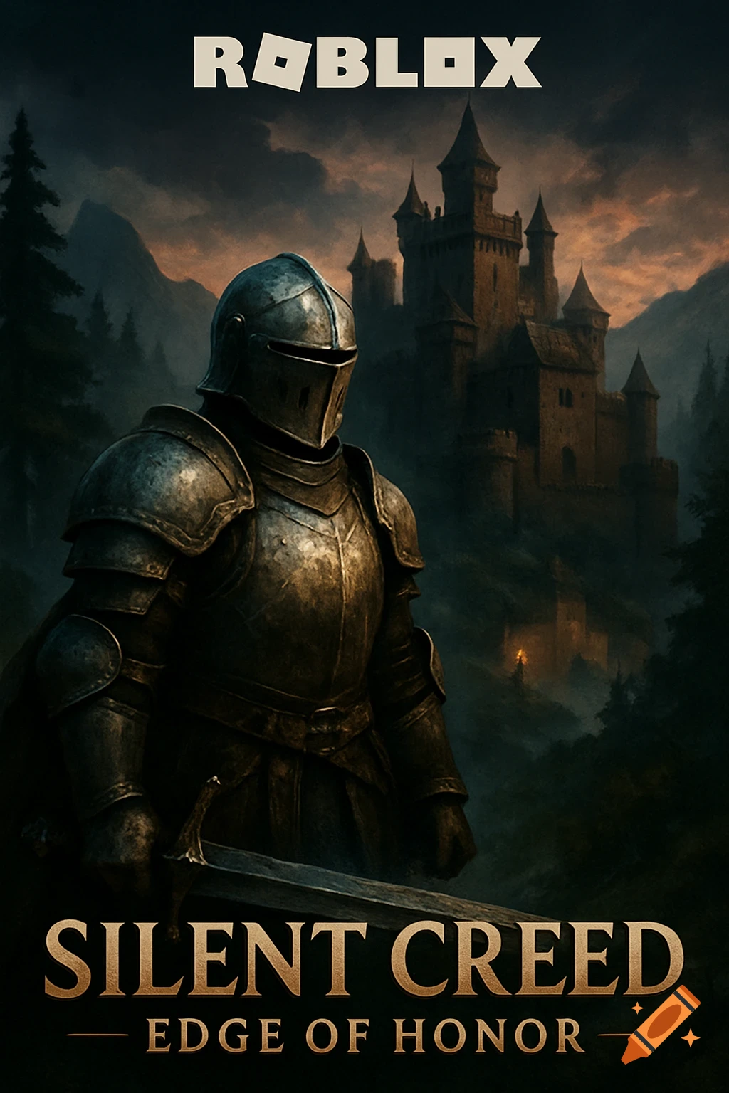 A dark fantasy game cover for Roblox, featuring a knight in full armor and a misty castle. Text reads 'Silent Creed Edge of Honor'.