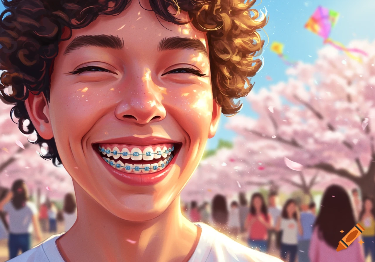 Close-up digital illustration of a smiling young person with curly hair and blue braces, eyes closed, in a sunny park with cherry blossoms.