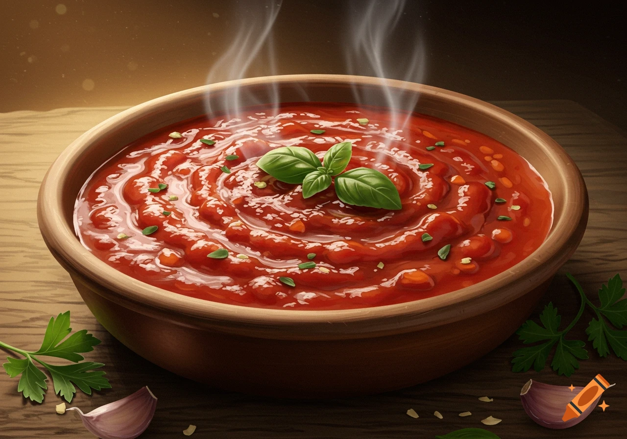 A steaming bowl of marinara sauce with fresh basil leaves, next to garlic cloves and parsley on a wooden table.