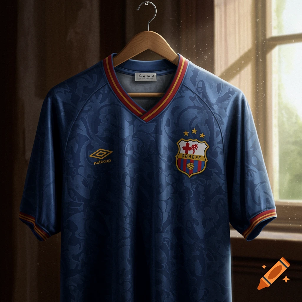A dark blue football shirt with red and yellow trim, a crest, and a yellow logo, hanging on a wooden hanger in front of a window. Photorealistic.