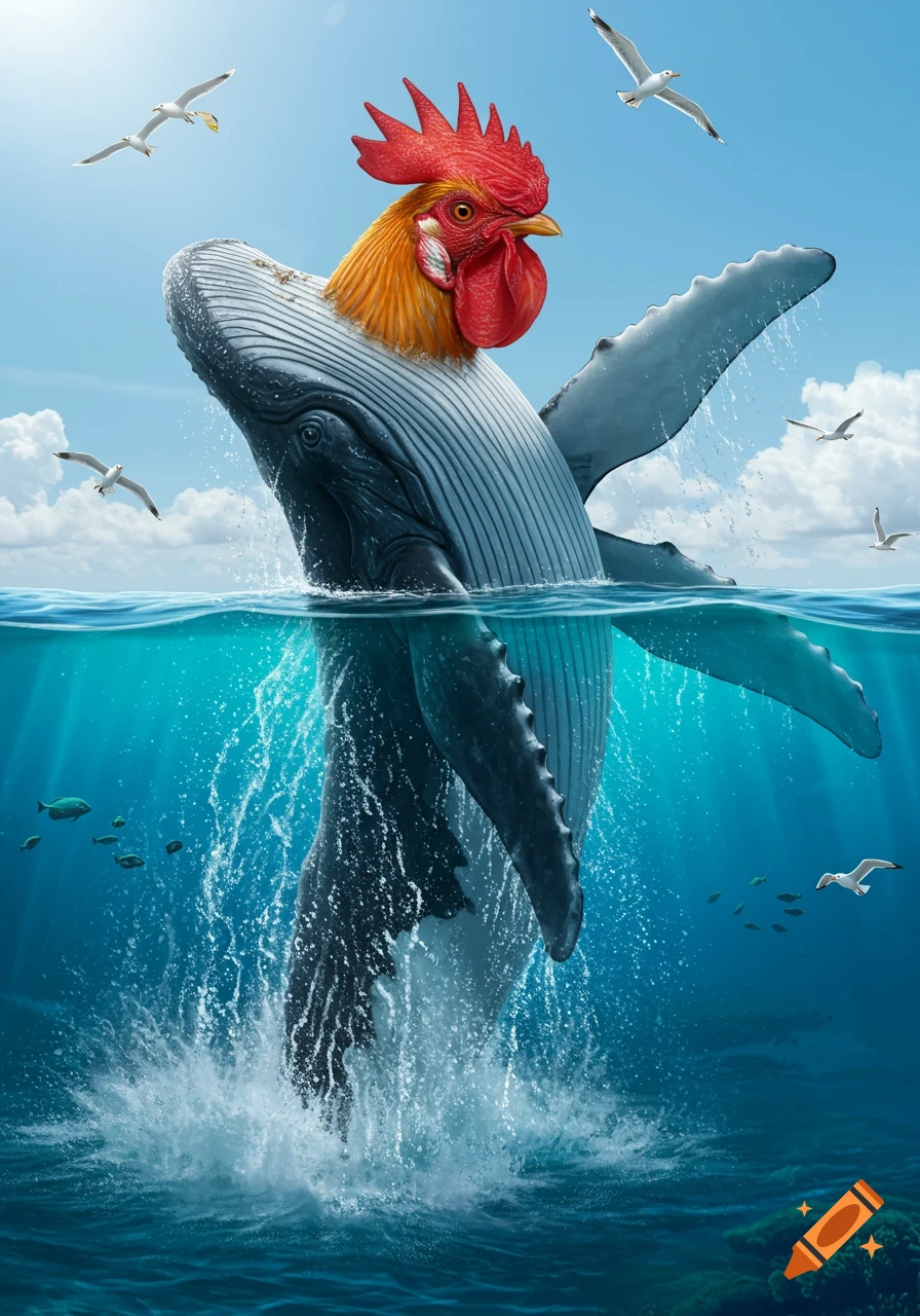Photorealistic image of a humpback whale with a rooster's head breaching from the ocean, with seagulls flying above.