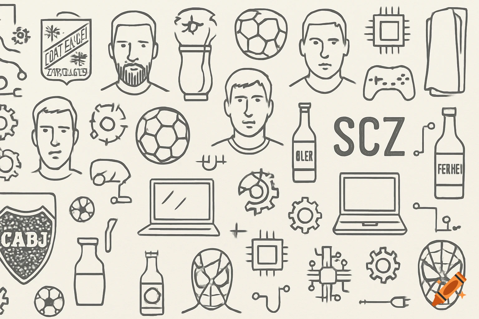 A repeating doodle pattern featuring outlines of footballers, soccer balls, laptops, computer chips, a game controller, Spider-Man, beer and fernet bottles, and the text 'SCZ', all in a minimalist linear style.