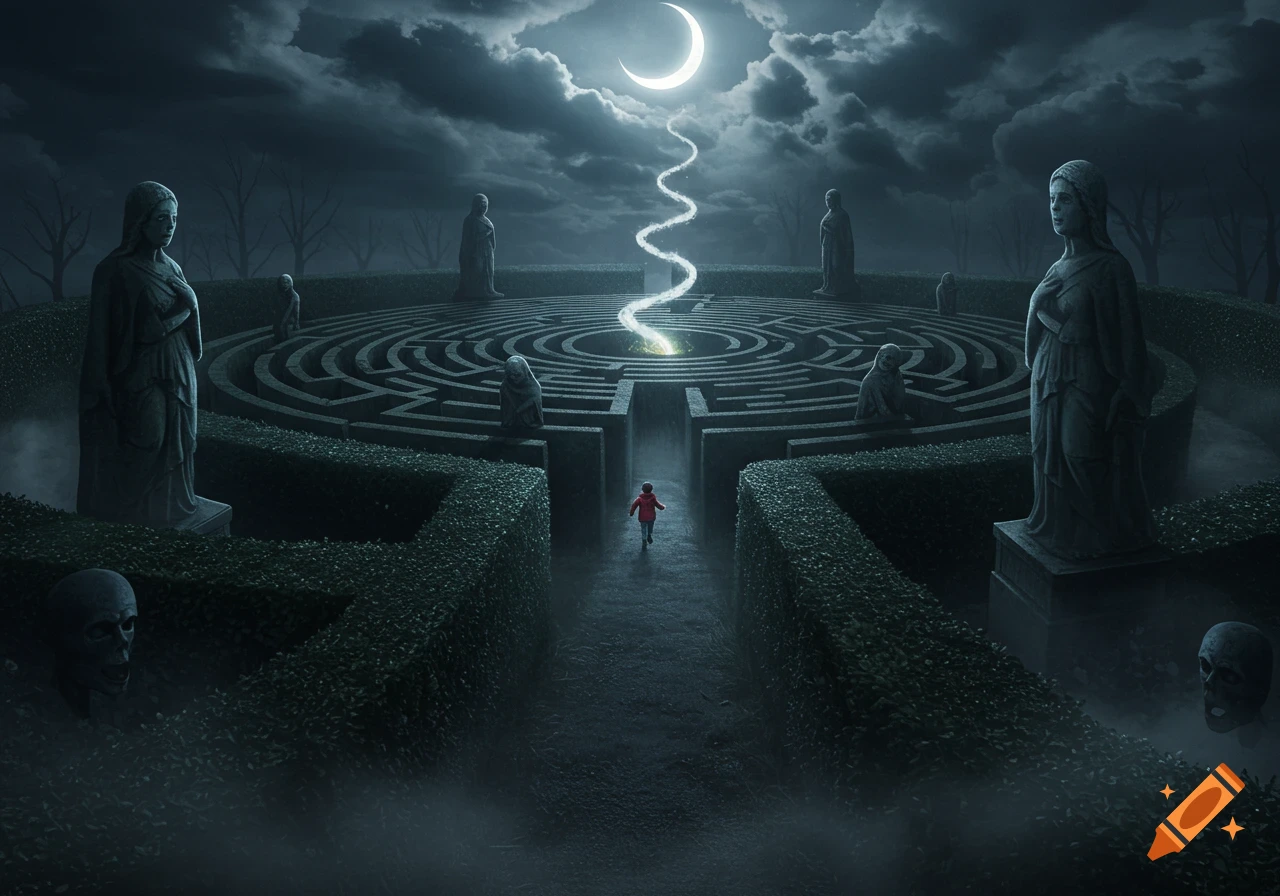 A dark, moonlit hedge maze with a child in a red coat running towards the center, surrounded by mysterious statues and skulls hidden in the hedges.