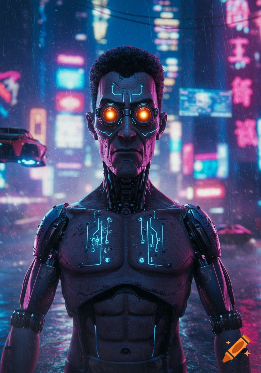 A cybernetic man with glowing orange eyes and blue circuitry on his chest stands in a rainy, neon-lit cyberpunk city.