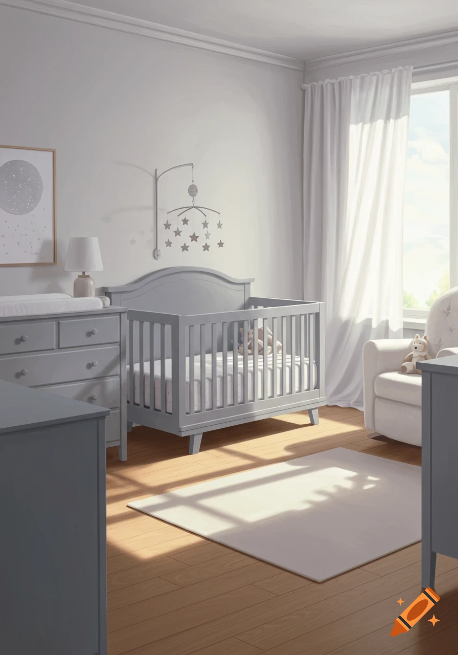 A serene baby nursery with light grey crib and dresser, white rocking chair, and sunlight on wood floor.