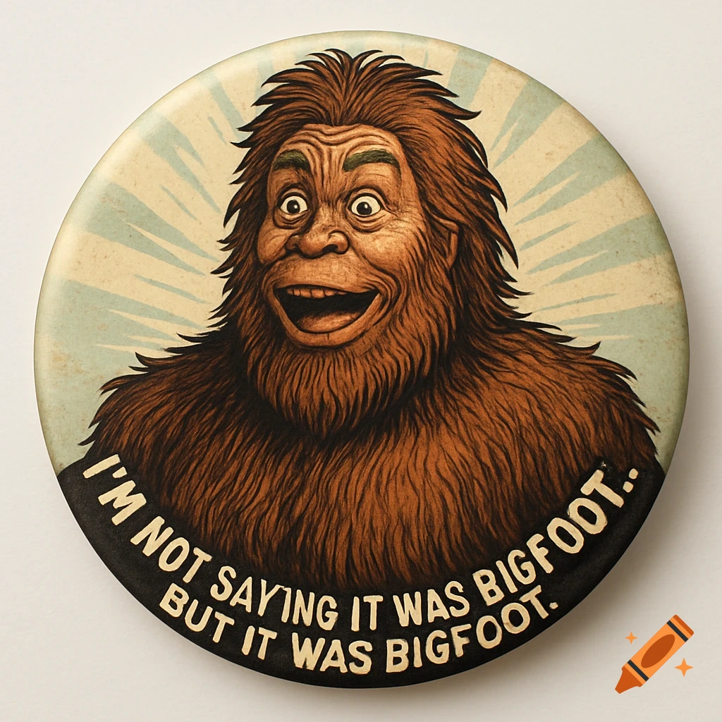 A vintage-style round button featuring an excited, hairy Bigfoot illustration with the text, 'I'M NOT SAYING IT WAS BIGFOOT. BUT IT WAS BIGFOOT.'