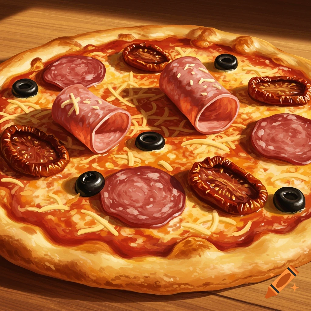 A detailed painted close-up of a pizza with salami, sun-dried tomatoes, black olives, and shredded cheese.