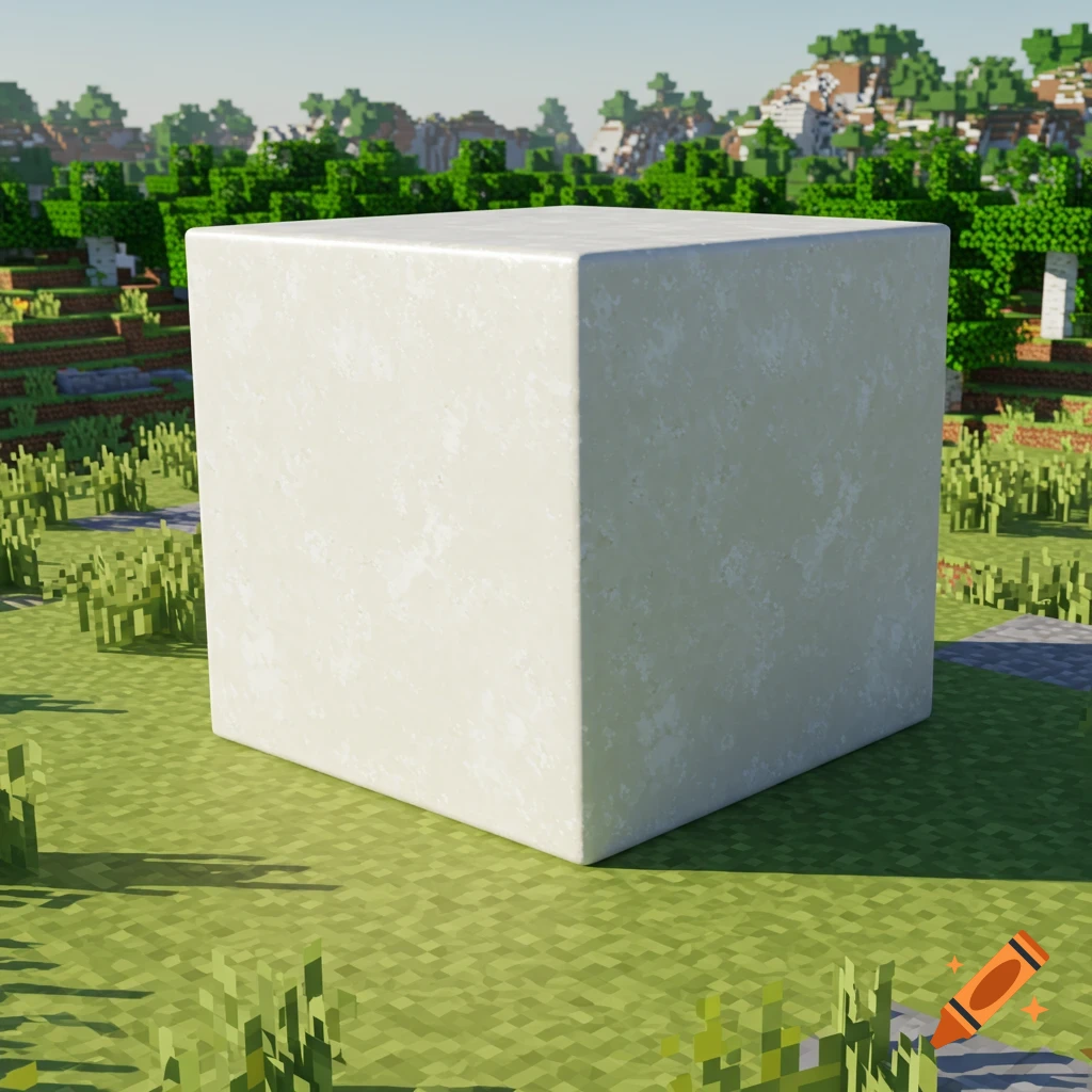 A large, smooth, light-colored cube, resembling calcite, stands in a blocky, green Minecraft-style landscape under a clear sky.