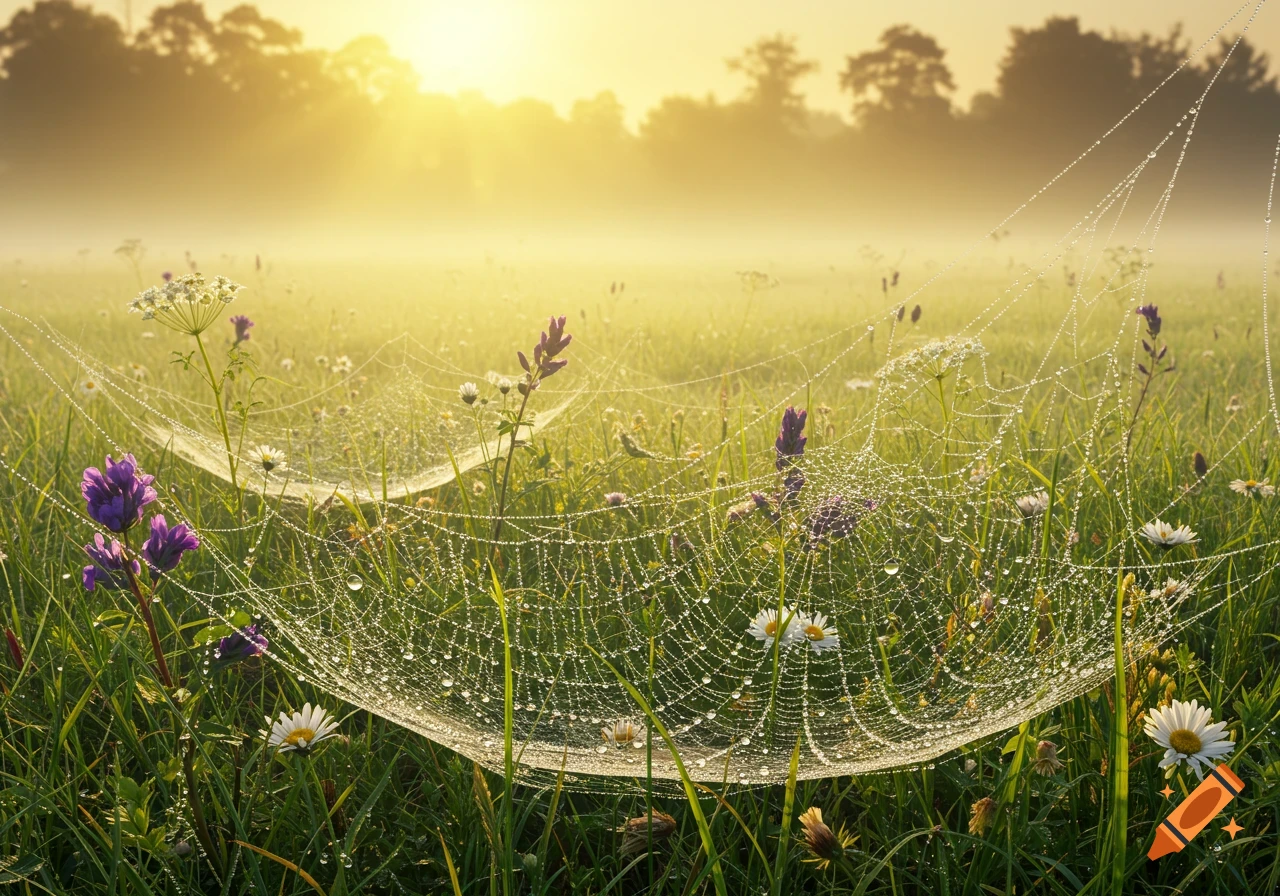 Sunlight filters through morning mist in a grassy field, illuminating dew-covered spiderwebs and wildflowers.
