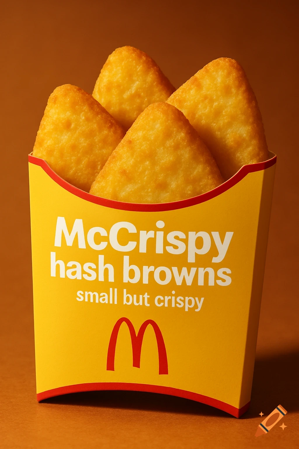 A close-up, photorealistic image of a yellow McDonald's-style carton filled with four crispy, triangle-shaped hash browns, with "McCrispy hash browns small but crispy" text.