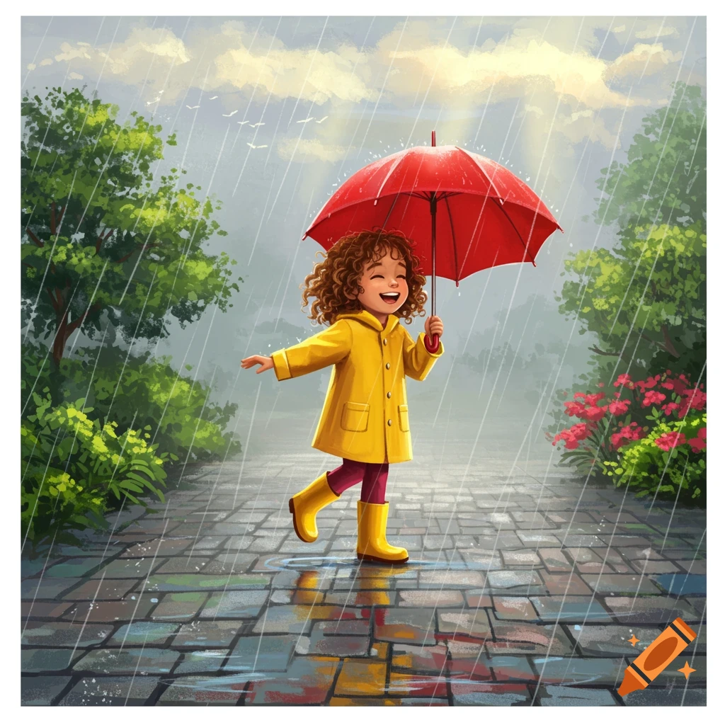 A happy child in a yellow raincoat and boots holds a red umbrella, smiling brightly in the rain on a cobbled path surrounded by green trees.