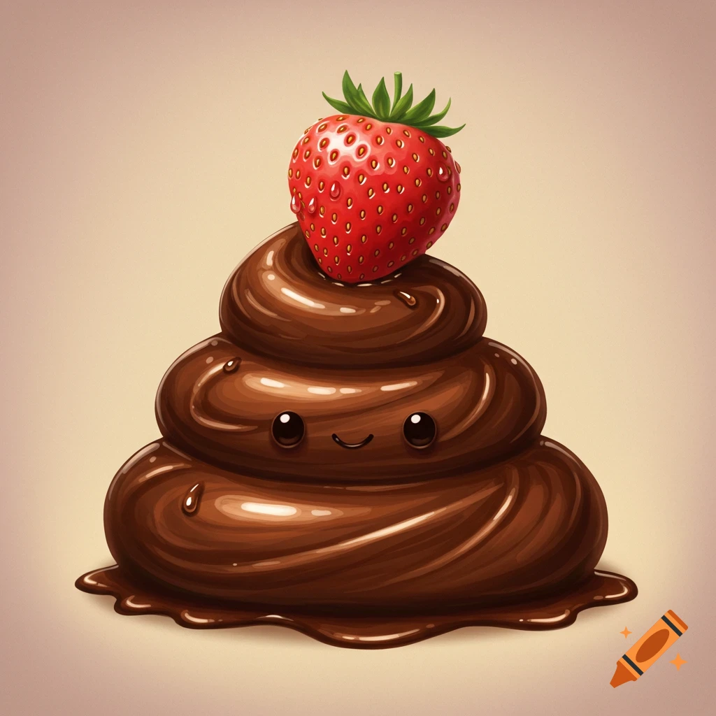 A cute, shiny brown chocolate poop character with a smiling face and big black eyes, topped with a red strawberry.