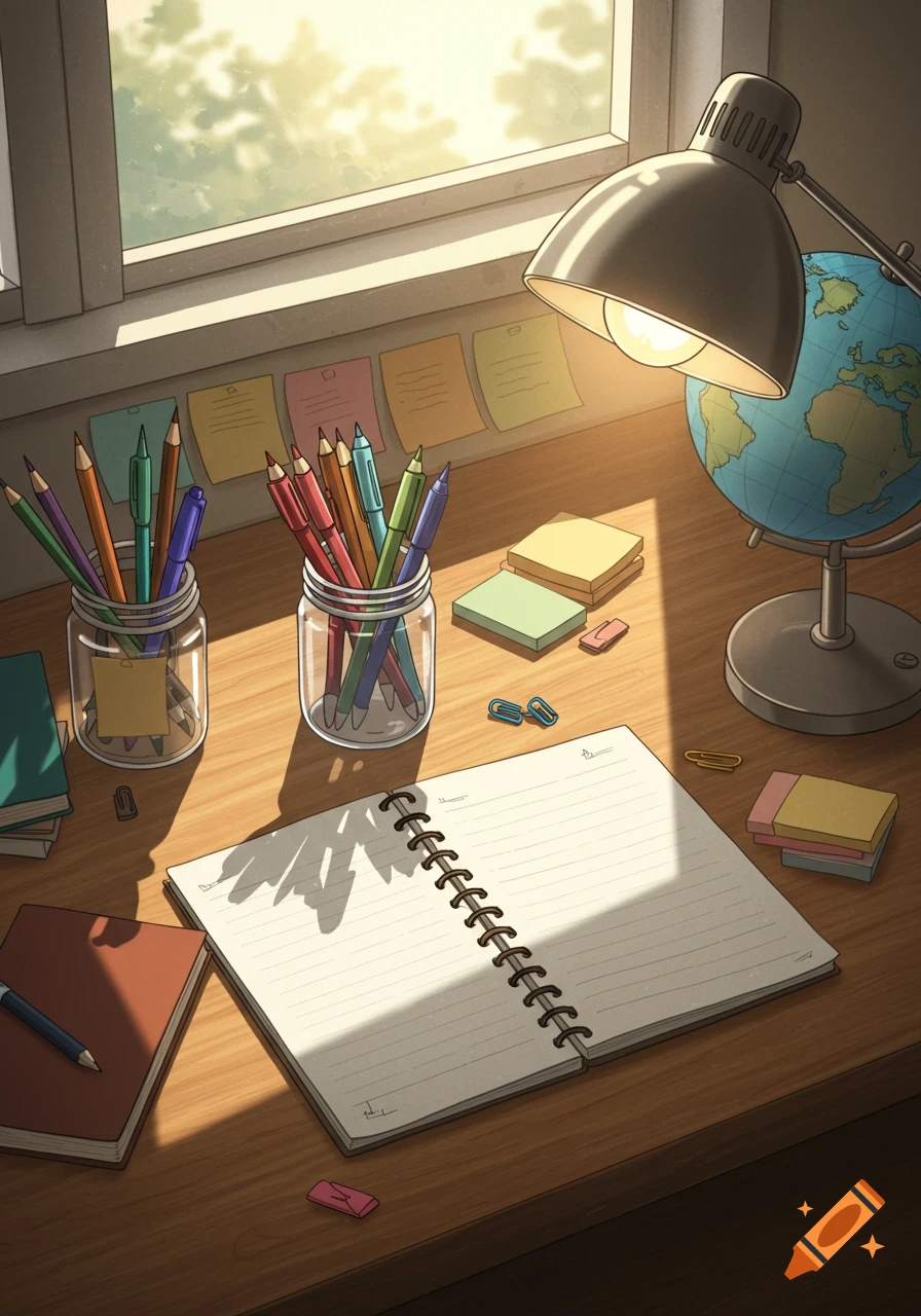 An illustrated desk with school supplies, including pencils, notebooks, and a globe, bathed in sunlight from a window.
