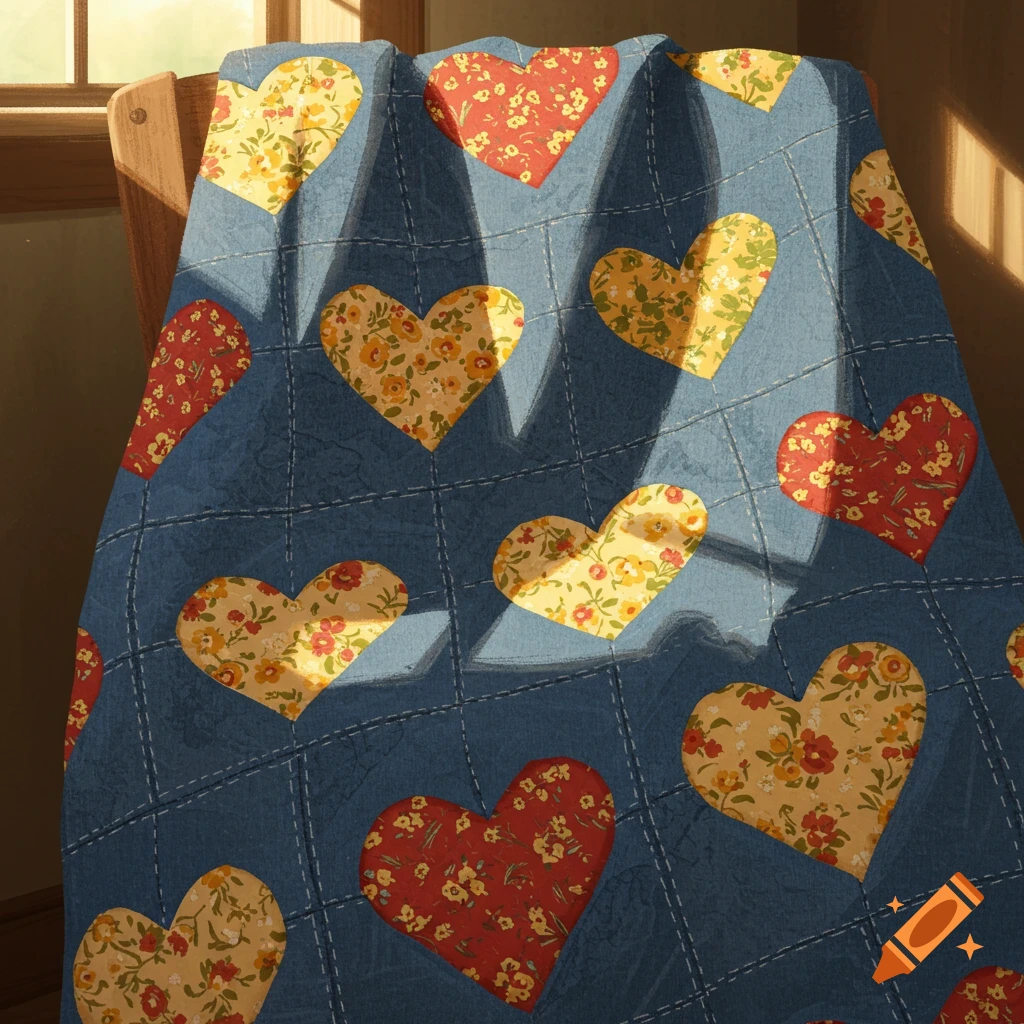 A blue denim quilt with heart-shaped floral patches draped over a chair, with sunlight casting shadows.