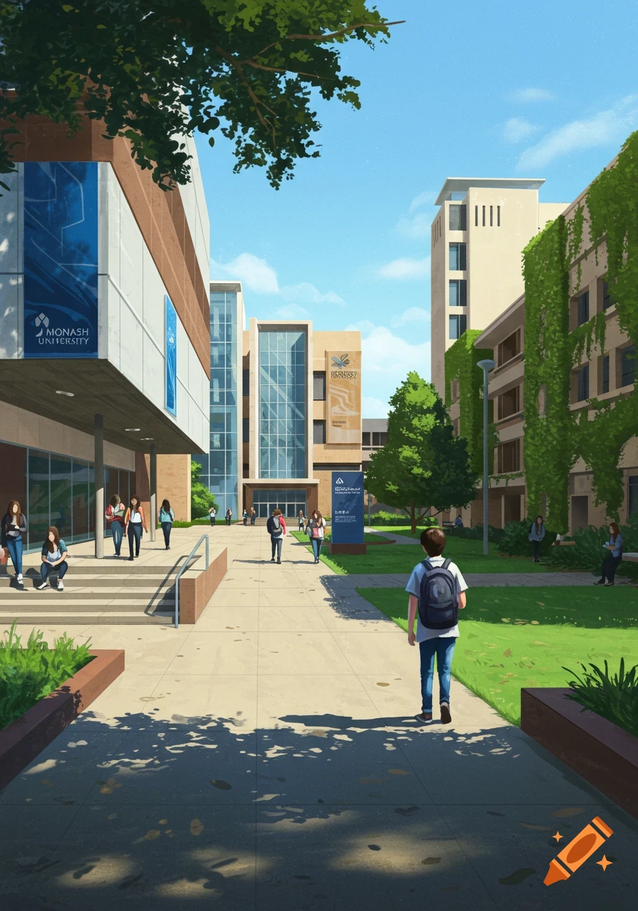 An illustration of a university campus with students walking between modern buildings and green spaces on a sunny day.