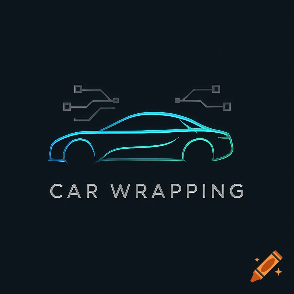 Futuristic blue and teal outline logo of a car with circuit board lines above and 'CAR WRAPPING' text below.