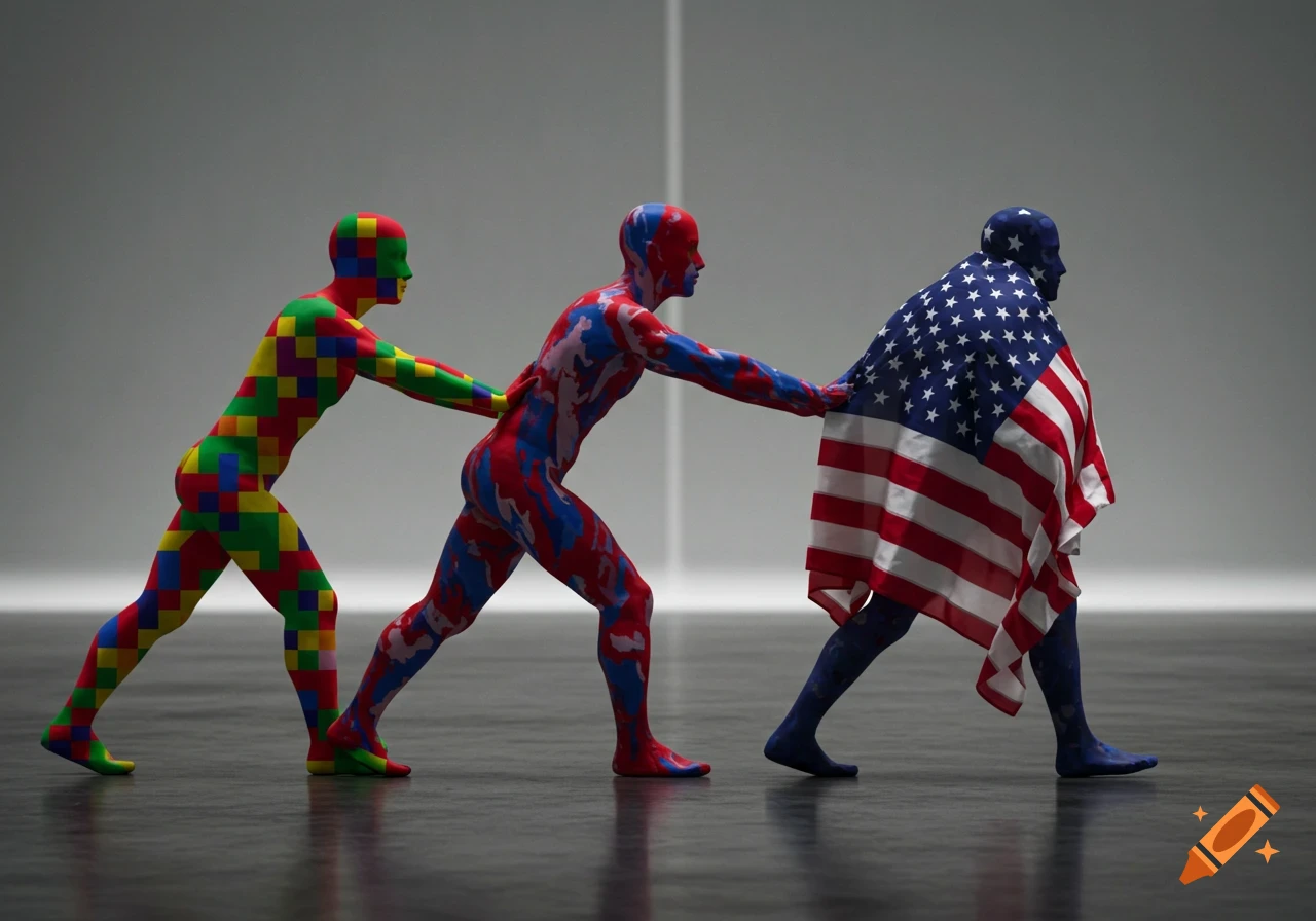 Three stylized figures, one checkered, one abstract-patterned, one draped in an American flag, walk forward in a minimalist setting.