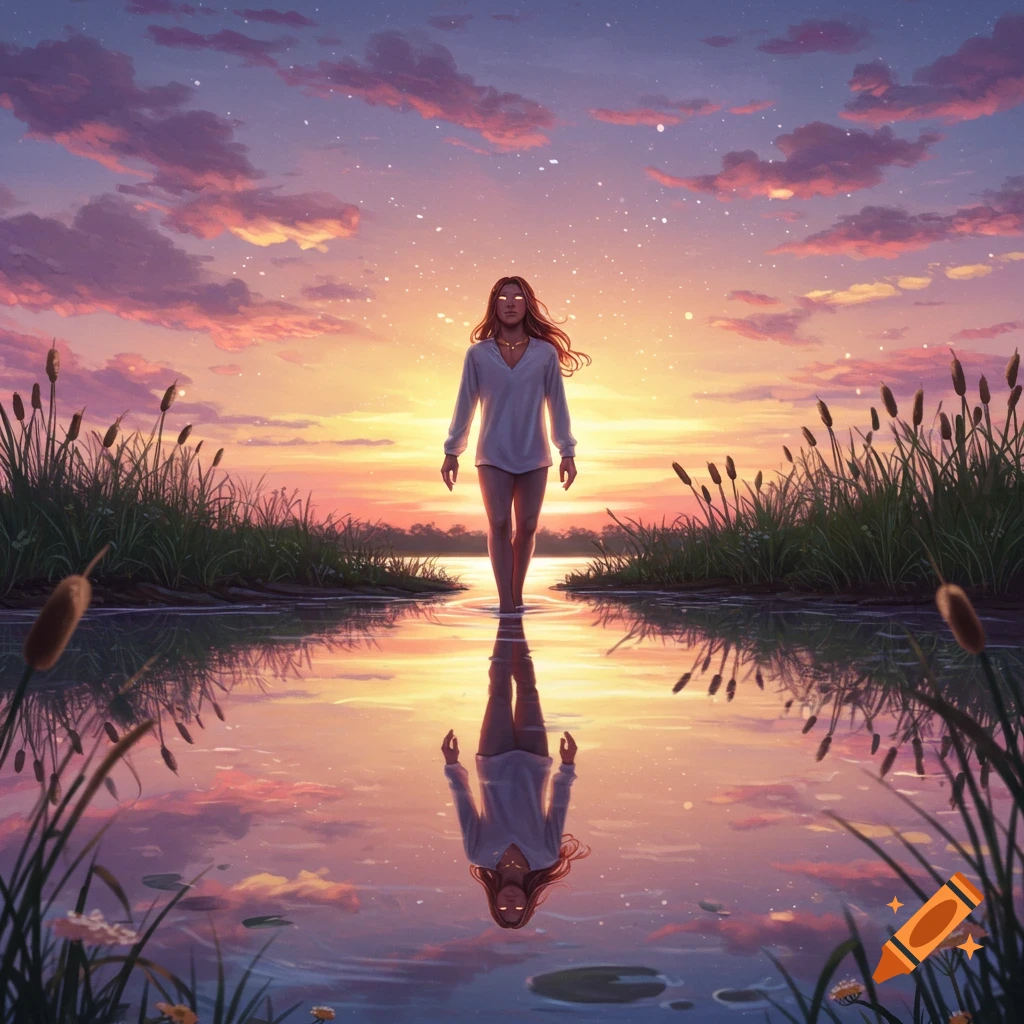A long-haired person with glowing eyes walks through shallow water at sunset, reflected in the water, with tall grasses and a vibrant sky.