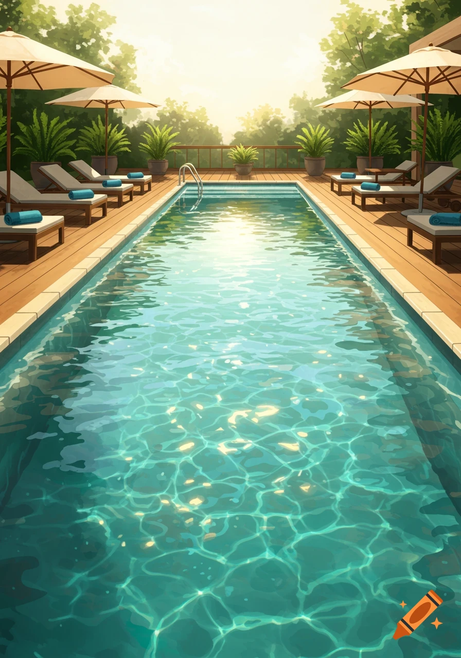 A long swimming pool with a wooden sundeck lined with lounge chairs and umbrellas under a bright, sunny sky.