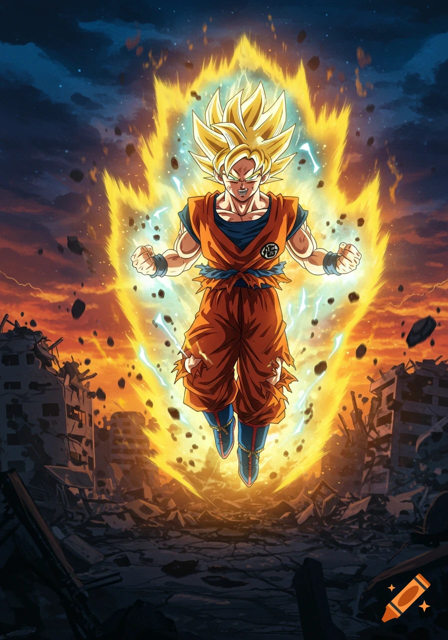 Super Saiyan Goku powers up amidst a destroyed city, with a vibrant yellow aura and crackling energy.