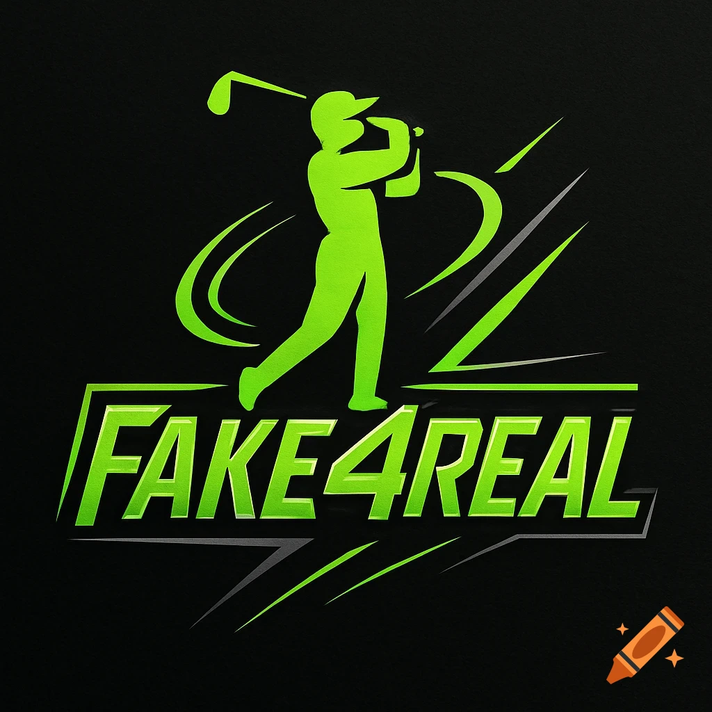 A neon green silhouette of a golfer swinging a club with the bold green, stylized text 'FAKE4REAL' below it, on a black background.