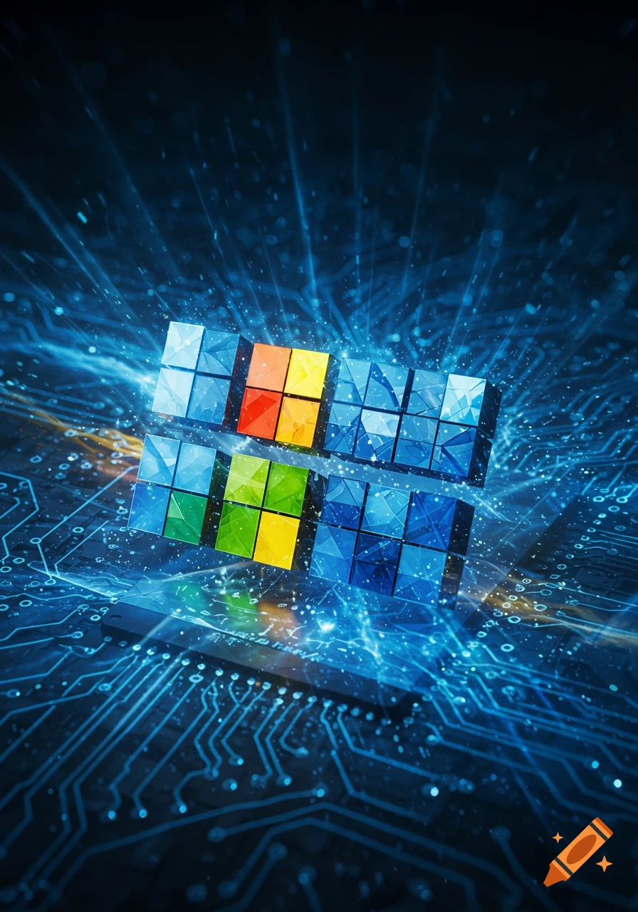 A stylized, glowing Windows-like logo composed of colorful blocks floats above a blue circuit board with digital light streams.