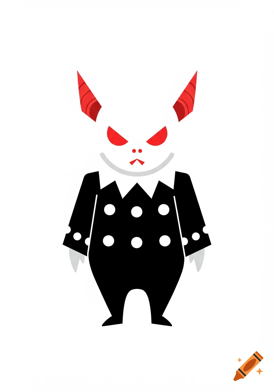 A minimalist cartoon devil-like creature with red horns and eyes, wearing a black polka dot outfit.