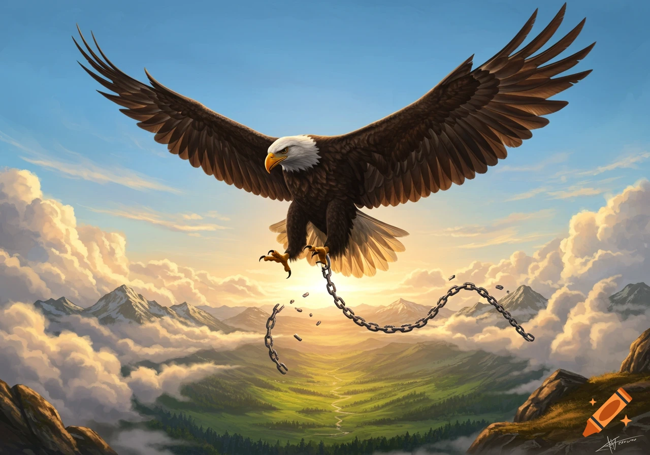 A bald eagle with spread wings flies above a green valley and clouds at sunrise, a broken chain dangling from its leg.