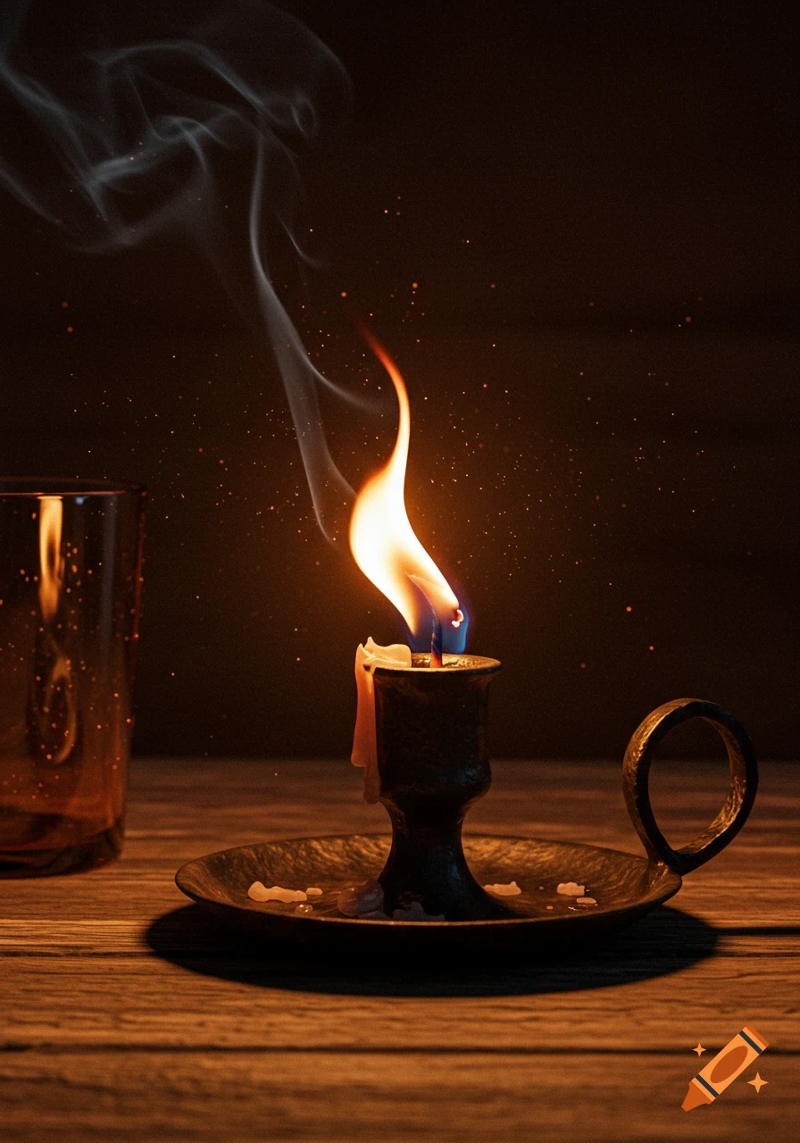 A close-up, photorealistic shot of a lit candle in a holder on a wooden table, with smoke rising and embers sparkling around the flame.