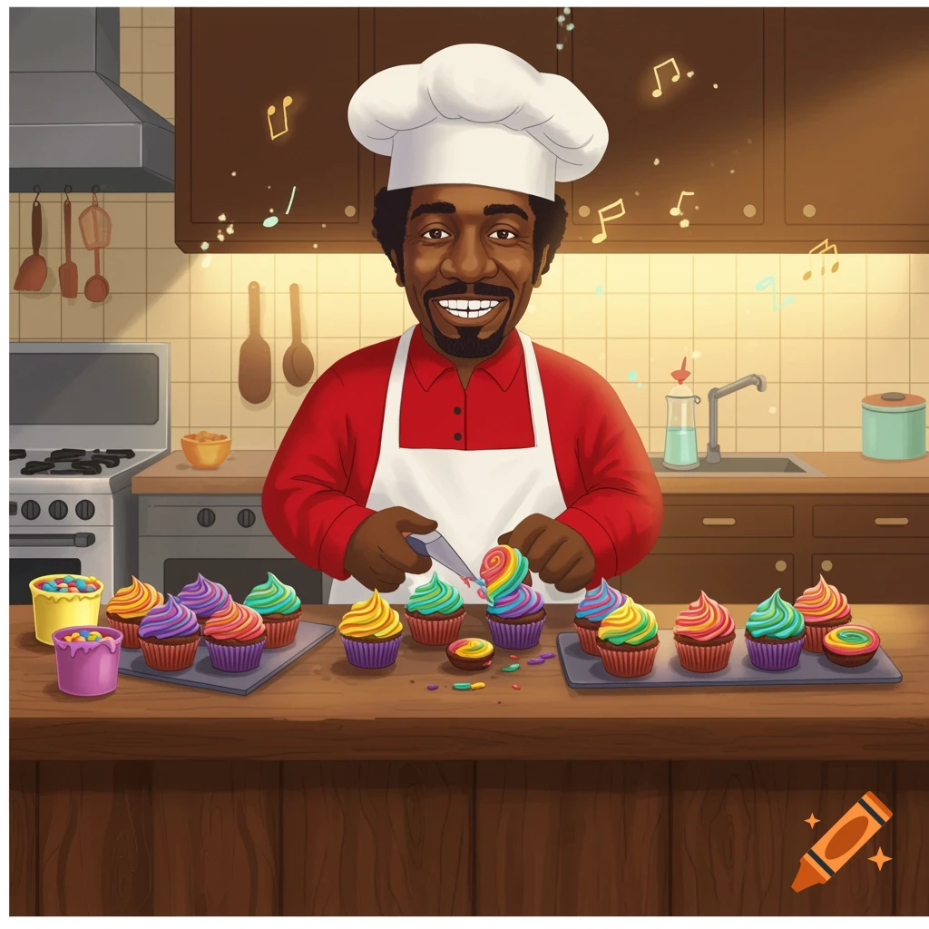 A cartoon chef resembling Isaac Hayes decorates rainbow cupcakes in a kitchen.