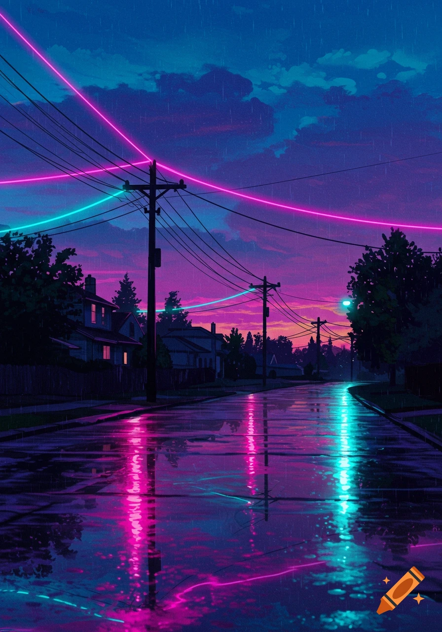 A neon-lit rainy suburban street at night with glowing pink and blue reflections on the wet asphalt.