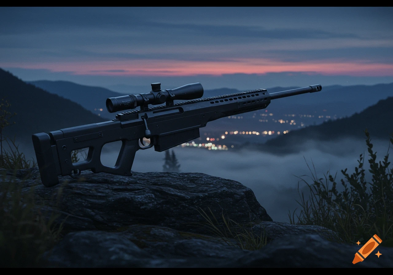 A photorealistic sniper rifle rests on a rock, overlooking a misty mountain valley with blurred city lights at dusk.
