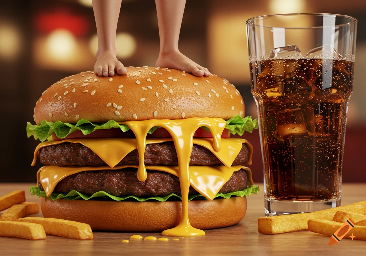 A large double cheeseburger with melting cheese has human feet standing on its bun, next to a glass of cola with ice and a pile of french fries, photorealistic.