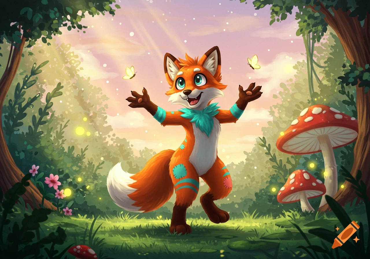 A happy cartoon furry fox with teal accents stands in a vibrant magical forest surrounded by glowing fireflies, mushrooms, and butterflies.