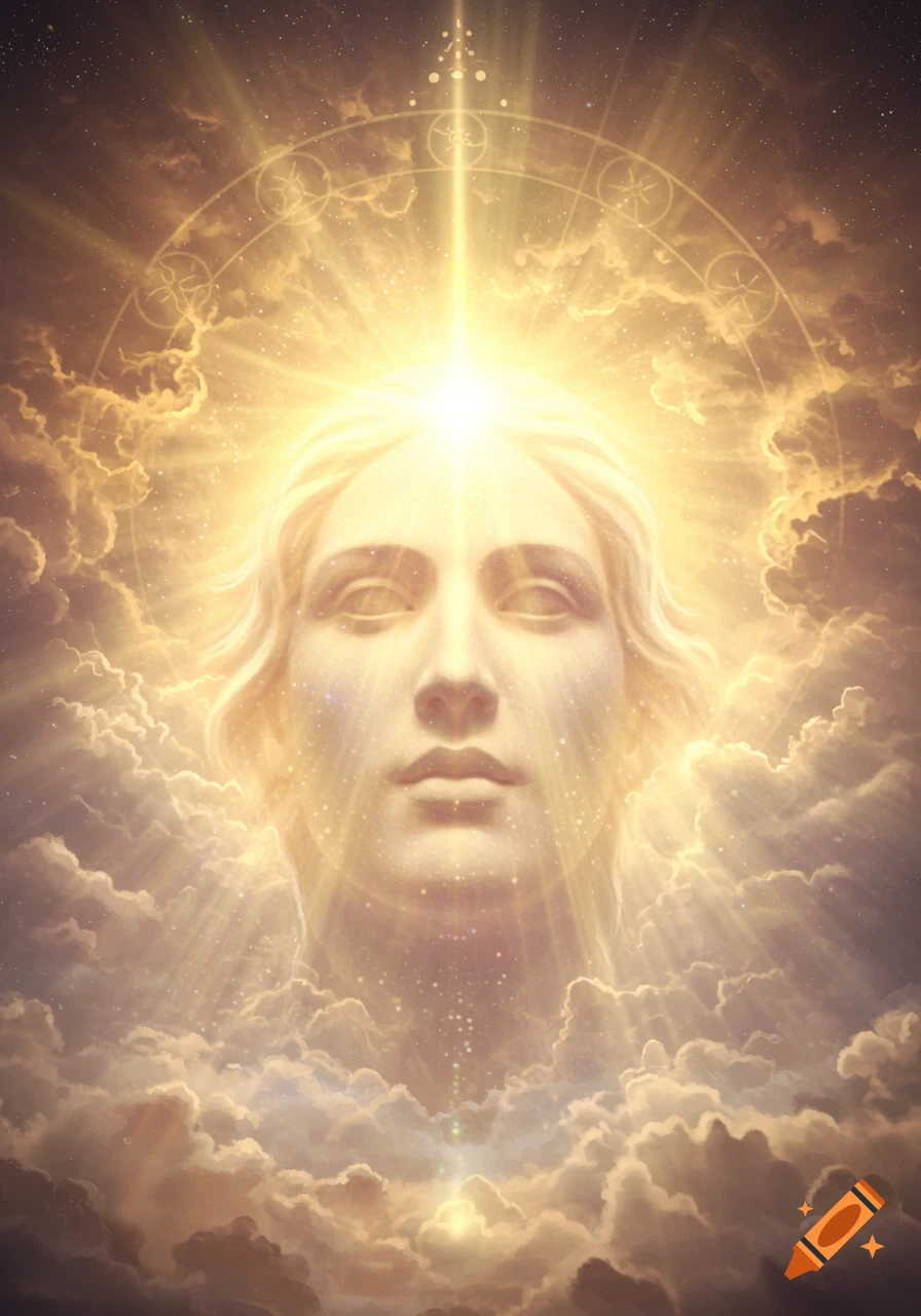 A glowing, ethereal face with closed eyes surrounded by golden light, rays, and clouds, with a symbolic halo.
