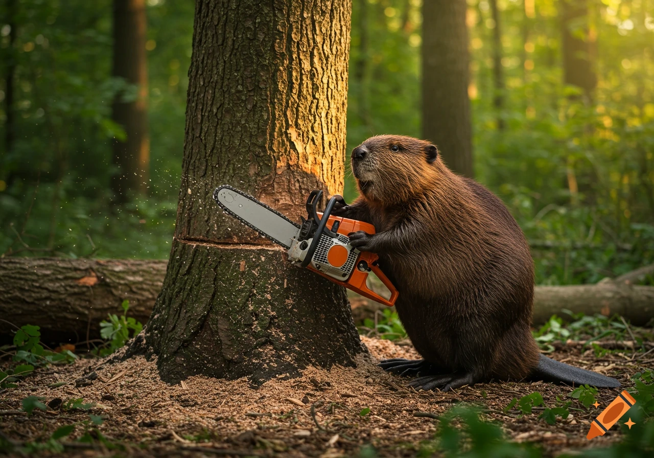 A photorealistic beaver stands on its hind legs, cutting a large tree trunk with a bright orange chainsaw in a sunlit forest.