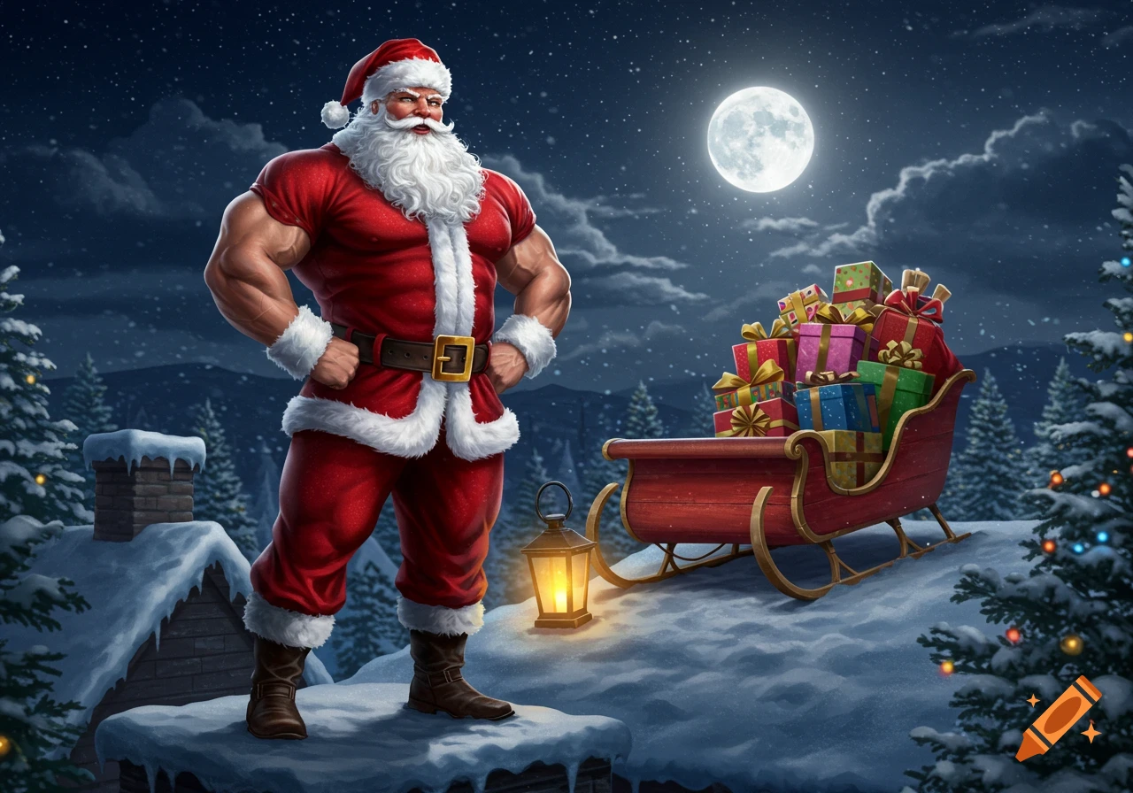 A muscular Santa Claus stands on a snowy roof next to a sleigh full of presents under a full moon at night.