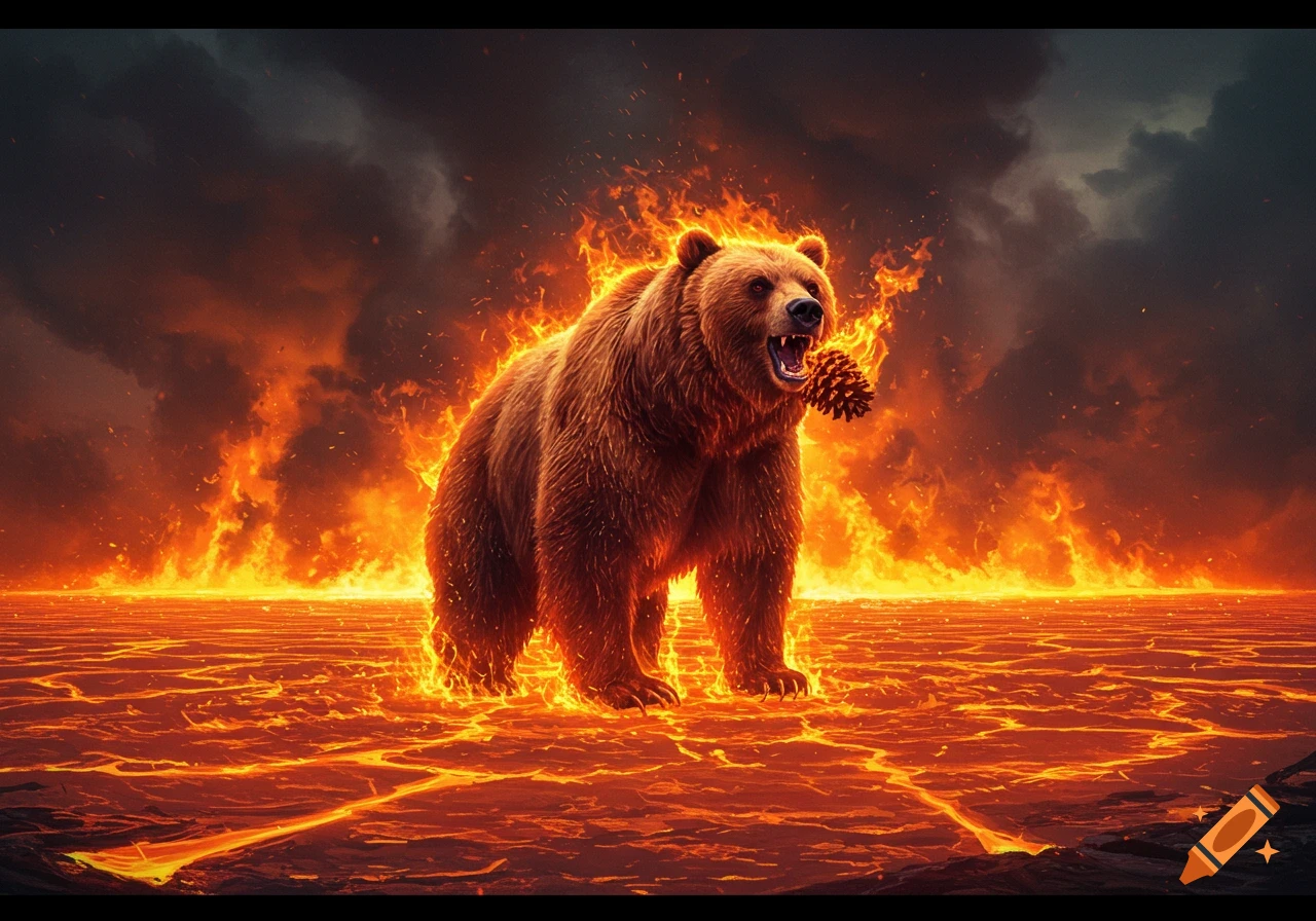 A brown bear stands roaring in a lake of fire, engulfed in flames, holding a burning pinecone, under a smoky sky.
